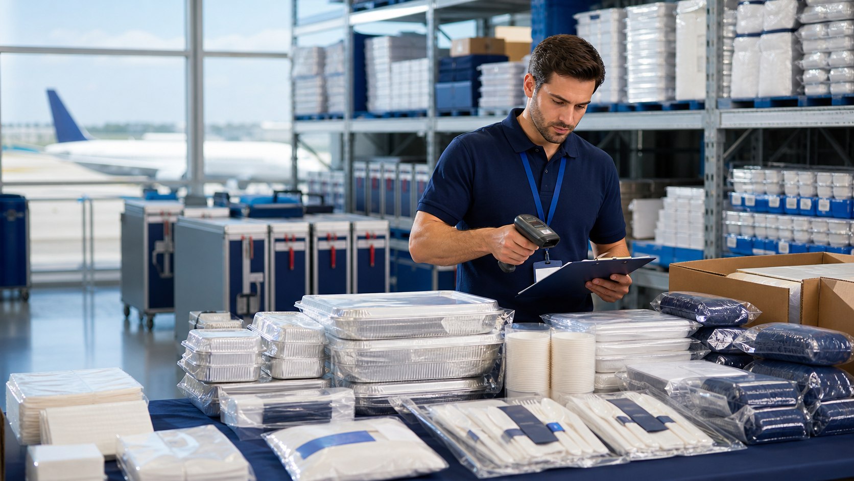 Airline cabin supplies are being inventoried in an airport warehouse
